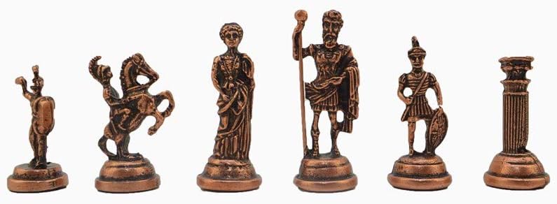 Metal Chess Set for Adults Medium Roman Antique Copper Figures,Handmade Pieces and Different Design Wooden Chess