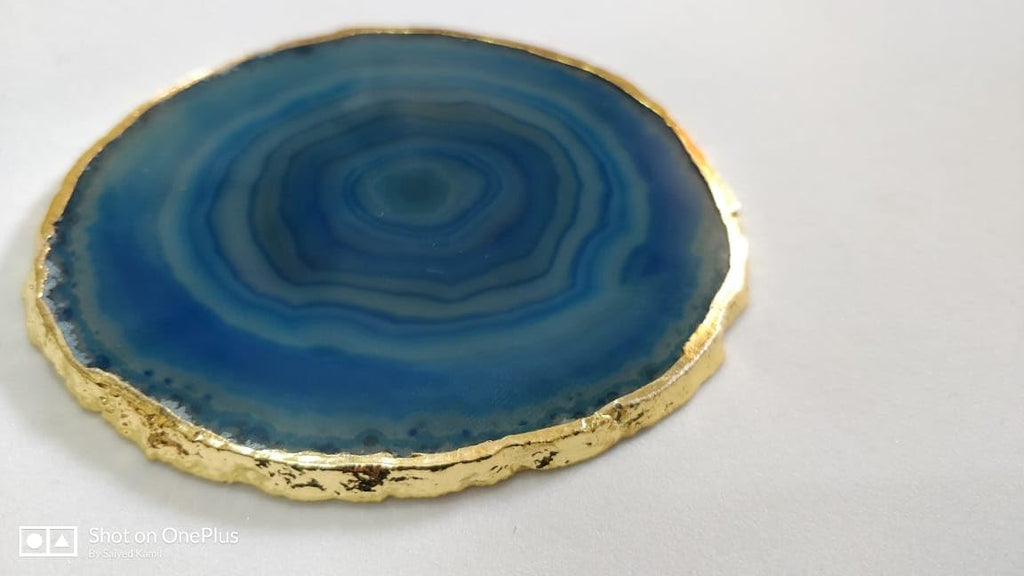 Blue Agate Coasters (3.5-4 Inch) Natural Brazilian Geode Stone Coasters with Gold Rim Crystal Gemstone Cup - Set of 4