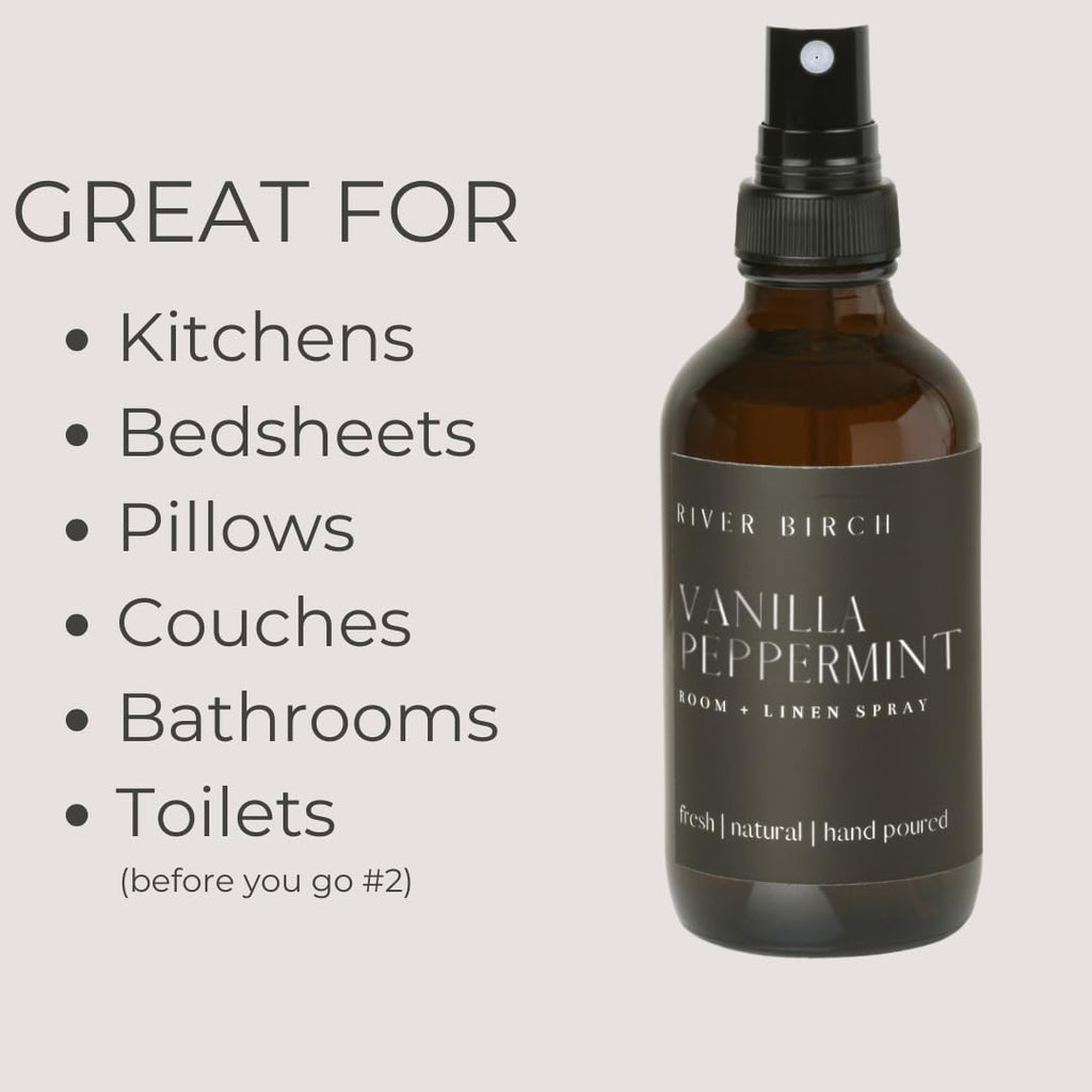 Birch Vanilla Peppermint Scented Linen and Room Spray | Home Fragrance | 4 oz Glass Amber Bottle | Luxury Signature