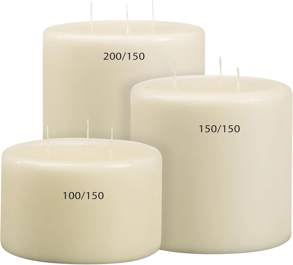 Three Wick Big Pillar Candle Ivory - 6x6 Inches - Premium European Quality - 75 Hours Burn Time - Relight Unscented