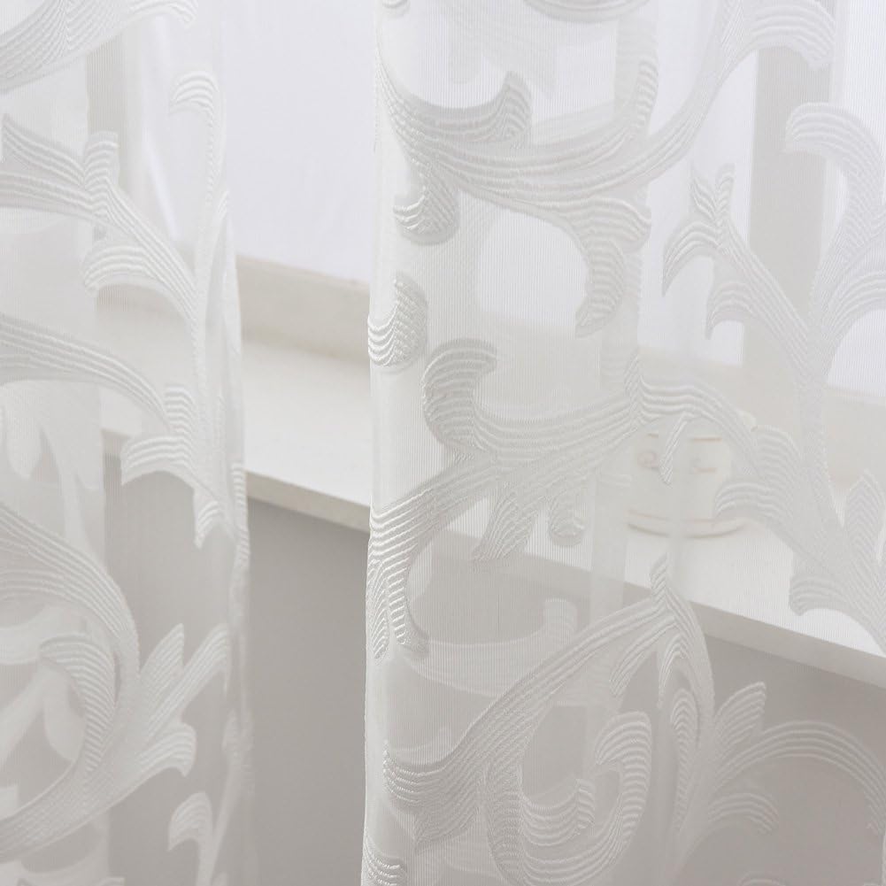 Elegant White Sheer Curtains, Light Filtering Voile Drapes, Rod Pocket Window Curtains Drapes, Scroll Jacquard