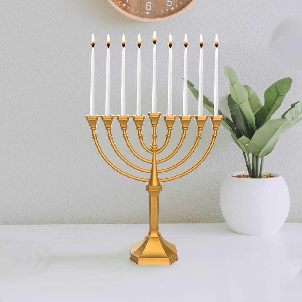 Traditional Graceful Style 9.5" Tall Non Tarnish - Precision Die Cast Classic Chanukah Candle Menora (Satin Gold)