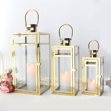Elegant Gold Stainless Steel Lantern Set- 3 Sizes (12", 15", 19") - Tempered Glass Panel Metal Lanterns for Versatile