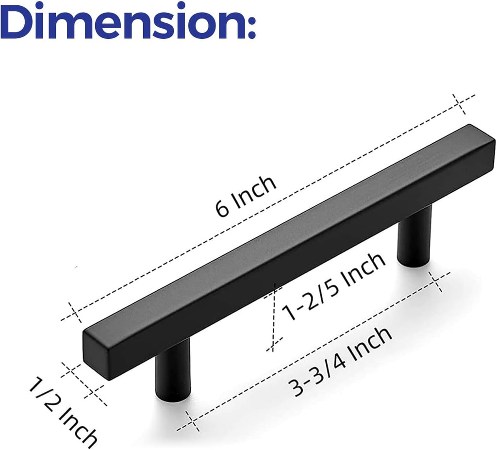 30 Pack 6'' Square Cabinet Pulls Matte Black Stainless Steel Kitchen Drawer Pulls Cabinet Handles 6”Length, 3-3/4” Hole