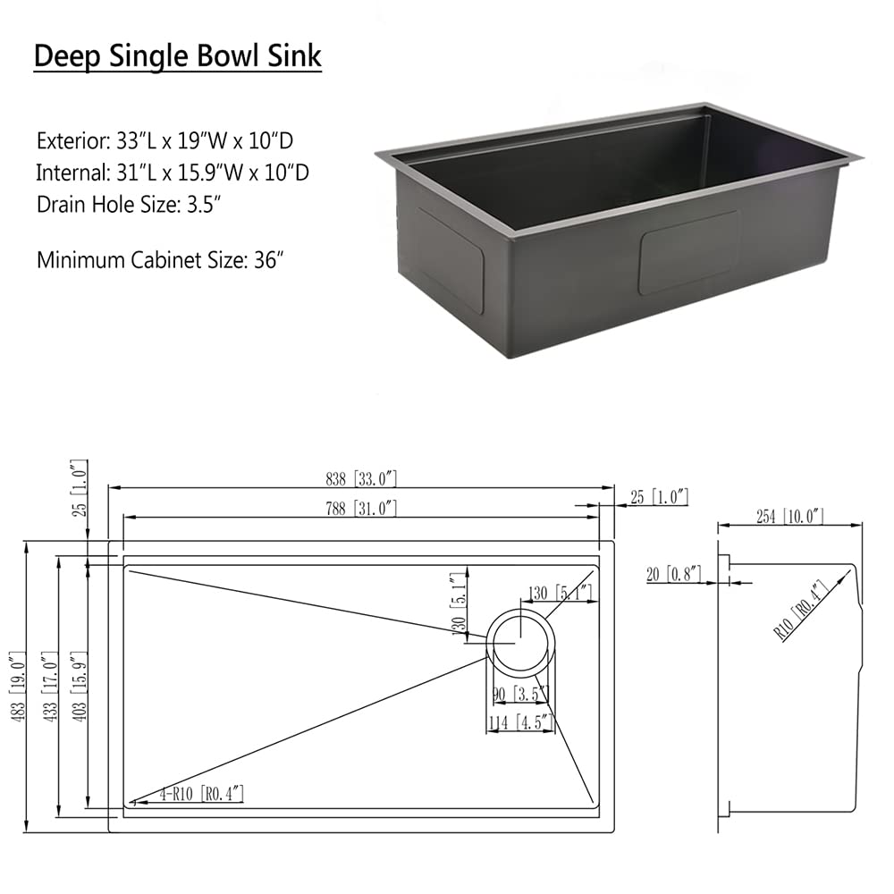 33 Inch Black Undermount Kitchen Sink Offset Drain, 33x19 Undermount Workstation Sink 16 Gauge Stainless Steel Single