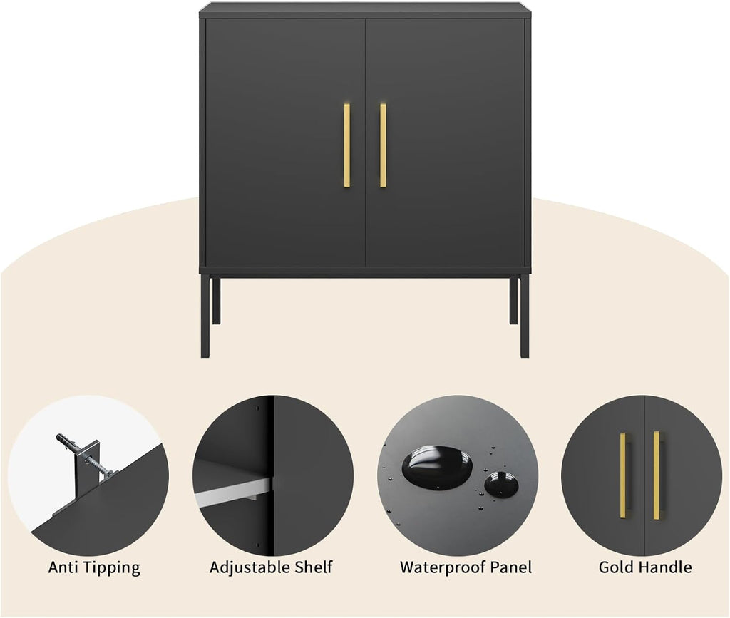 Set of 2 Storage Cabinets with Adjustable Shelf and Gold Handle, Black丨Buffet Cabinet with Storage, Accent Cabinet