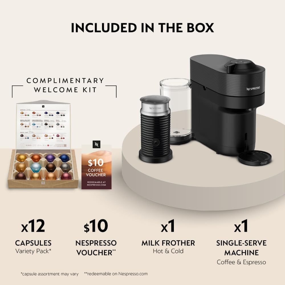 Vertuo Pop+ Coffee Machine with Milk Frother, Liquorice Black | Coffee and espresso maker by with compact design.
