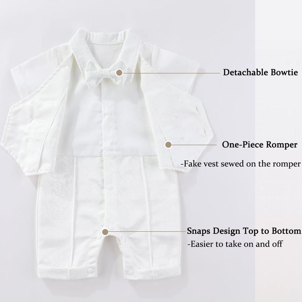 Baby Boy Baptism Outfits Christening Outfit Onesie Shirt Romper Bowtie Newborn Tuxedo Jumpsuit Formal Suit White 3-6