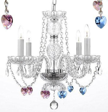 Chandelier Lighting W/ Crystal Blue And Pink Hearts H 17" W17" Swag Plug In-Chandelier W/ 14' Feet Of Hanging Chain And Wire - Perfect For Kid'S And Girls Bedrooms - J10-B15/B85/B21/26098/4