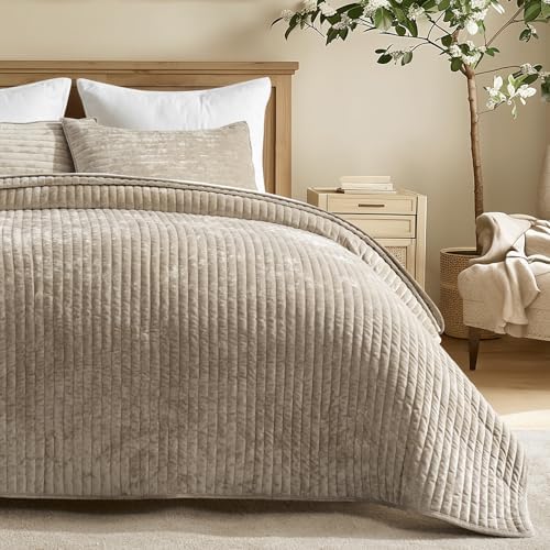 Stripe Channel Velvet Quilt Set, Beige Taupe – Luxury Plush Bedspread Coverlet with 2 Shams
