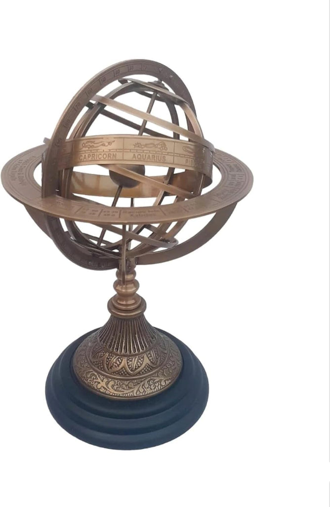 Vintage Brass Armillary Engraved Sphere Wooden Base Armillary, Unique Table Decor 11.25" Height, 5" Armillary Gift