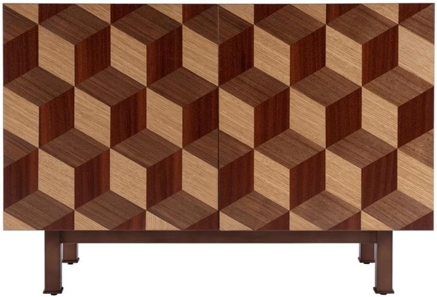 Mid-Century 2-Door Wood Storage Cabinet, Heritage Brown Finish, Walnut, Oak, Sapele Veneer, Metal Base, 40"x18"x28"