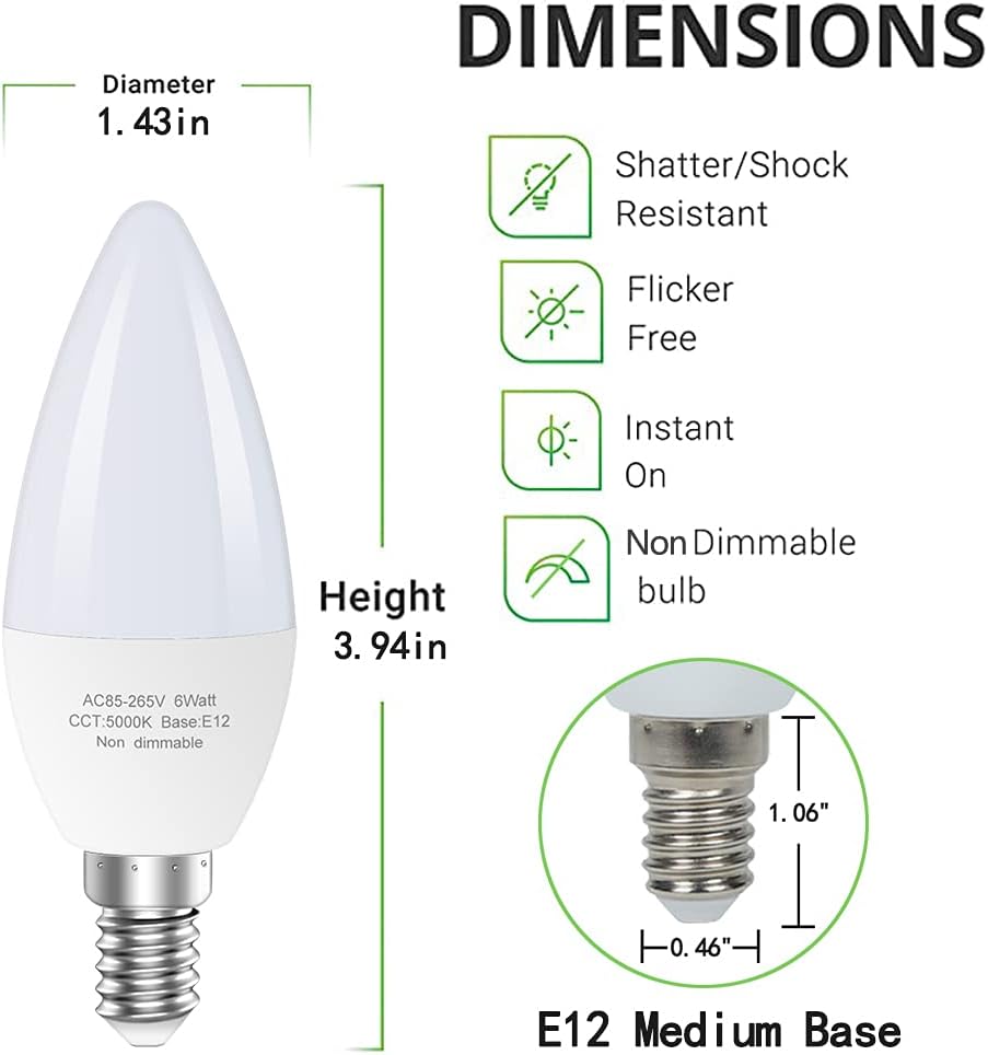 Type B E12 Candelabra LED Bulbs, 60-Watt Equivalent, 5000K