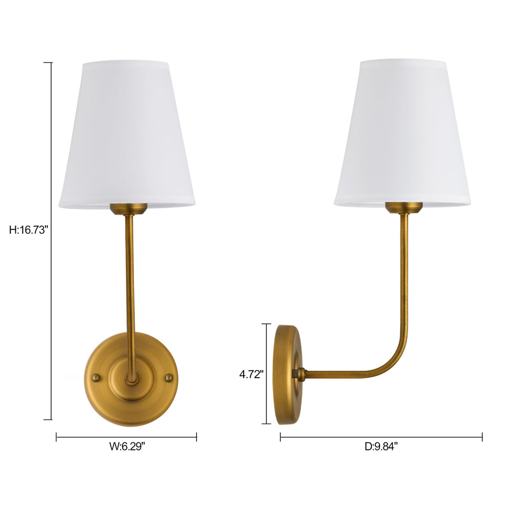 Hardwired Wall Sconce Set of 2 with Flared Shape White Textile Shade Curved Arm and Antique Brass Finish Metal
