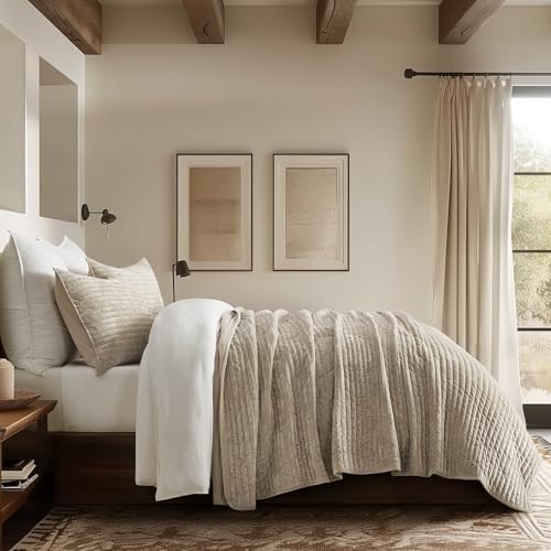 Stripe Channel Velvet Quilt Set, Beige Taupe – Luxury Plush Bedspread Coverlet with 2 Shams