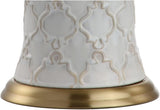 29" Cream Textured Ceramic Table Lamp, Transitional Quatrefoil Trellis Design with White Linen Drum Shade and Brass