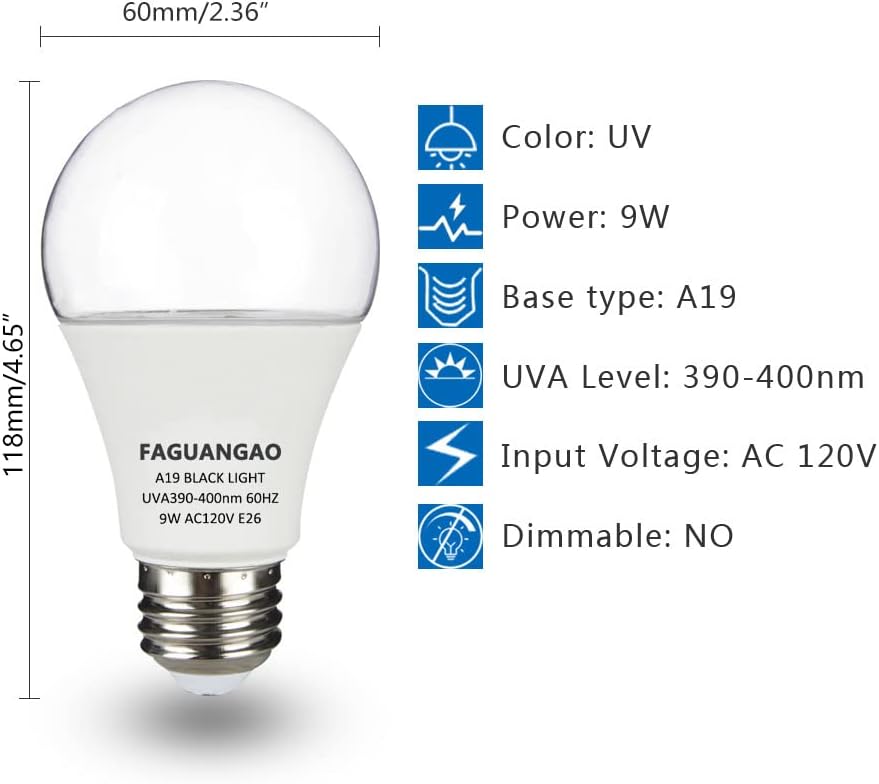 LED Black Light Bulb,9W A19 UV Bulb,120V E26 Medium Base,6 Pack