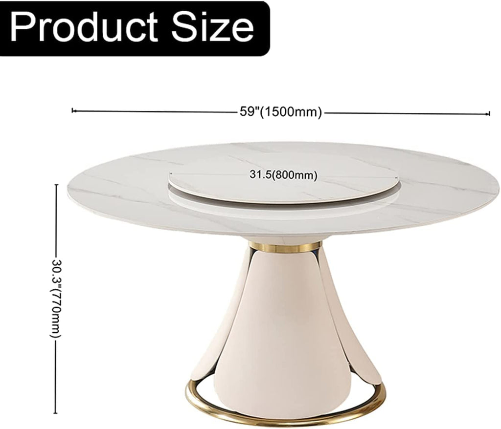 59" Round Dining Table - Modern Faux Marble Tabletop with Rotating Tray & Petal-Shaped Base, White Round Sintered