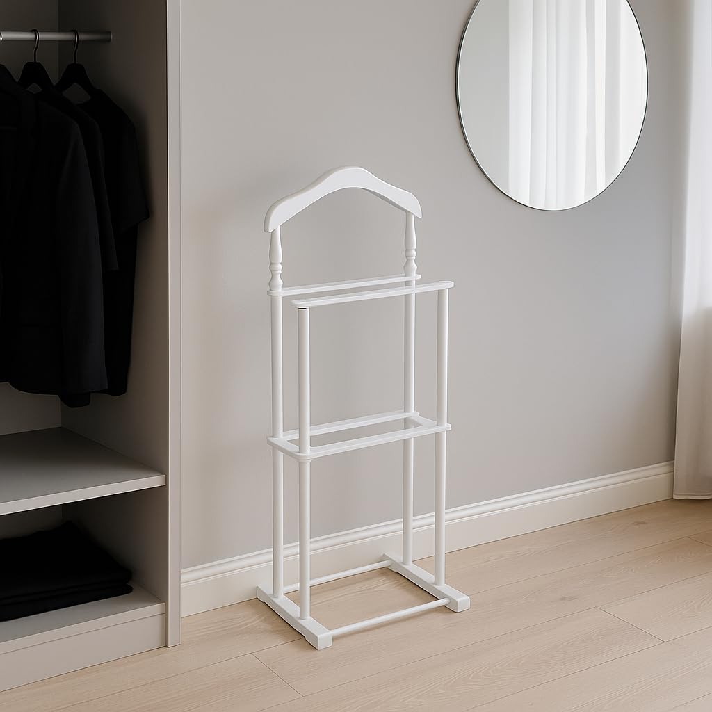 Sakura Twin Valet with Wooden Hanger, Trouser Bar & Tie Bar, White