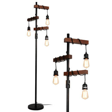 Industrial Floor Lamp, Farmhouse Tree 68 Inch 3 Lights Wood Standing Lamp, Sturdy Base Tall Vintage Metal Black Pole