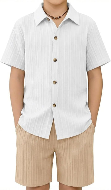 Boys Summer Textured Button Up Shirt & Shorts Set