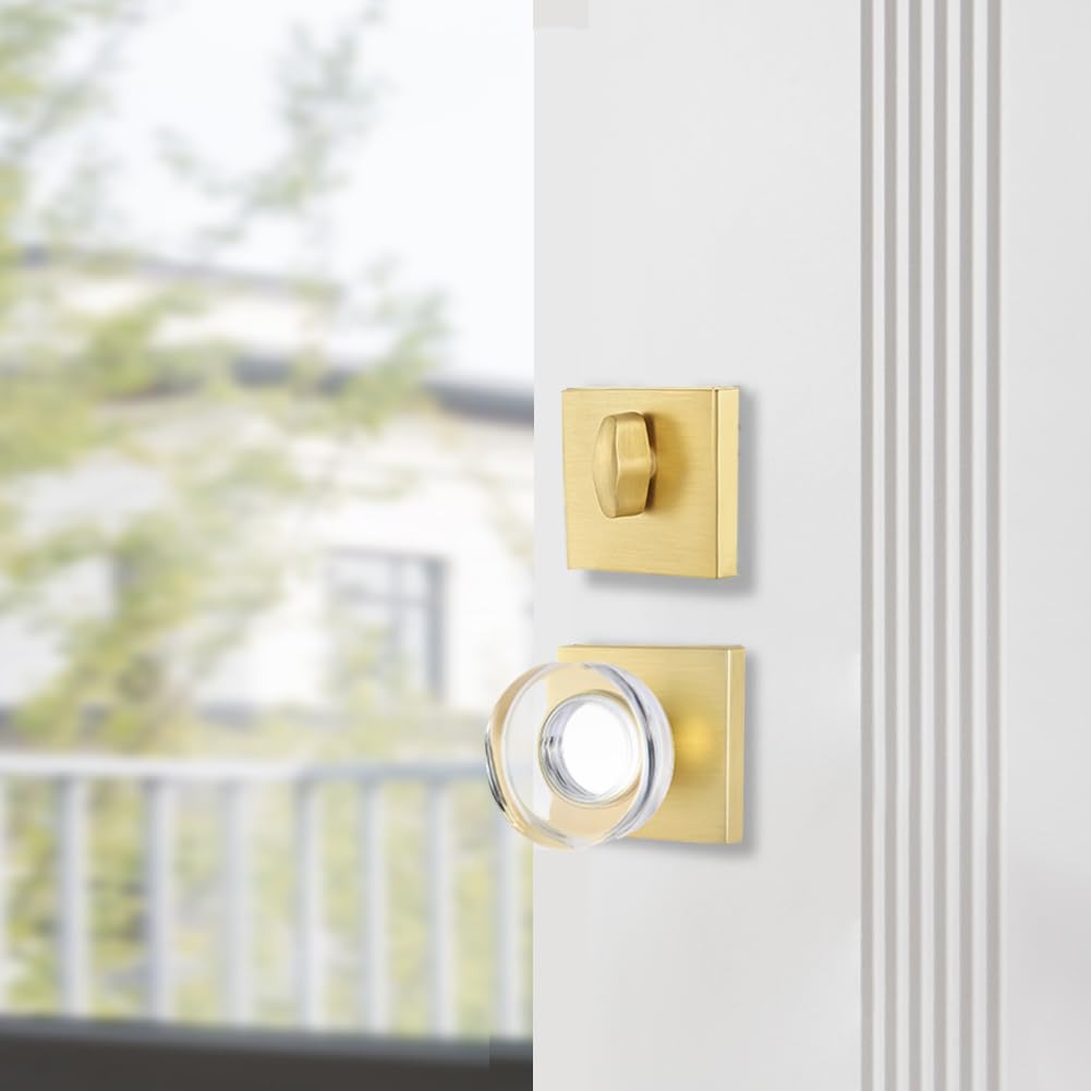 Single Cylinder Deadbolt and Crystal Glass Passage Door Knob Combo Set, Satin Brass Finish
