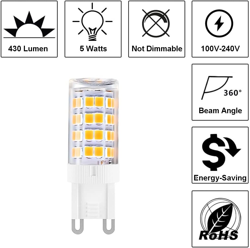 G9 LED Bulb 5W, 40W Halogen Equivalent, 100V-240V, 3000K, 12-Pack