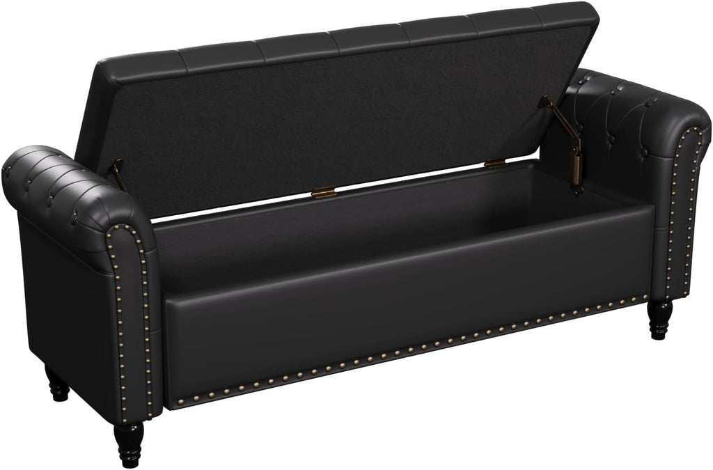 65 Inch Bedroom Bench, End of Bed Bench with Storage, Black | Bed Benches for Foot of Bed, Faux Leather Window Bench
