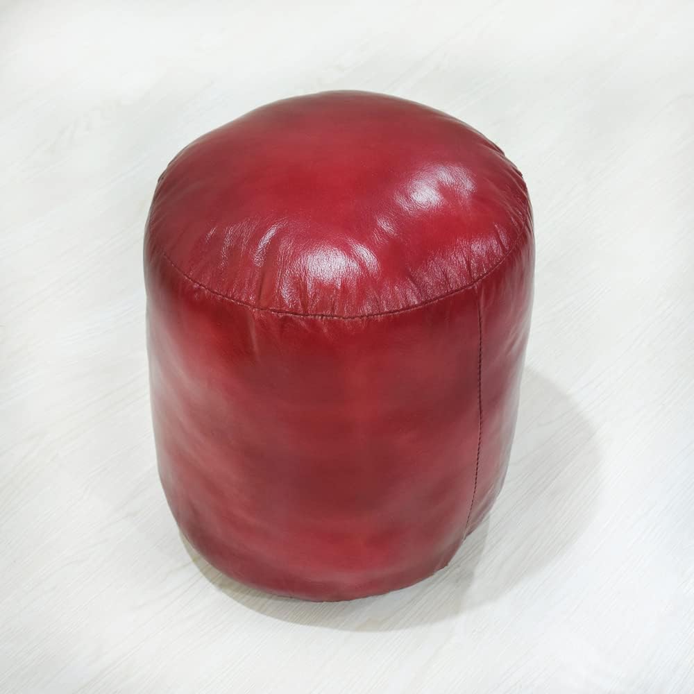 Round Shaped Goat Leather Eco-Friendly Dark Pink Pouf - Round Pouf, 14" x 14"x 14", Plain Solid Pouf, Goat Leather