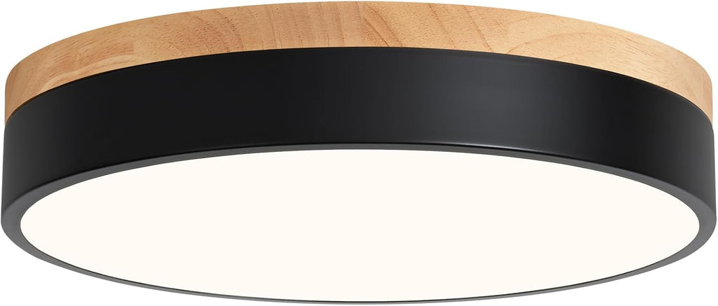 Dimmable Wood Flush Mount Ceiling Light Modern Black LED Ceiling Light Fixture 2700K-6000K Minimalist Round Close to