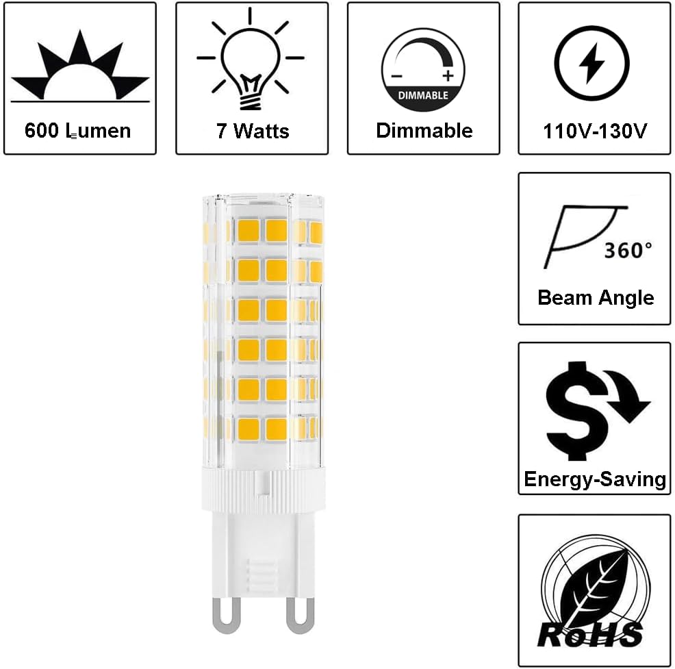 Dimmable G9 LED Bulb 7W, 60W G9 Halogen Bulb Equivalent, 600LM,120V, 3000K Warm White, 5-Pack