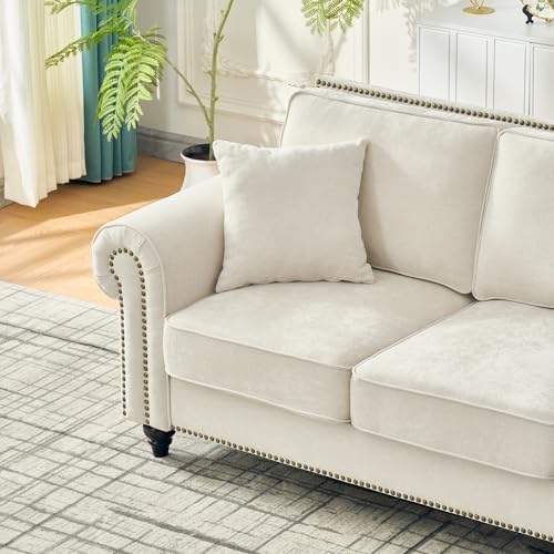 Chesterfield Sofa Set with Rolled Arms - Beige Chenille 3-Seater Sofa and Loveseat with Nailhead Trim and Wood Legs