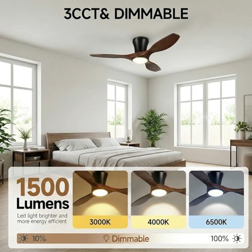 42 Inch Wood Flush Mount Ceiling Fan with Dimmable LED Light and Remote - Solid Walnut Blades, Quiet DC Motor