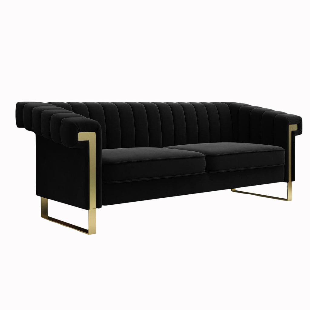 Mid-Century Modern Black Sofa with Gold Metal Legs, 83.86" Luxury Chesterfield Comfy Couches (, Black)