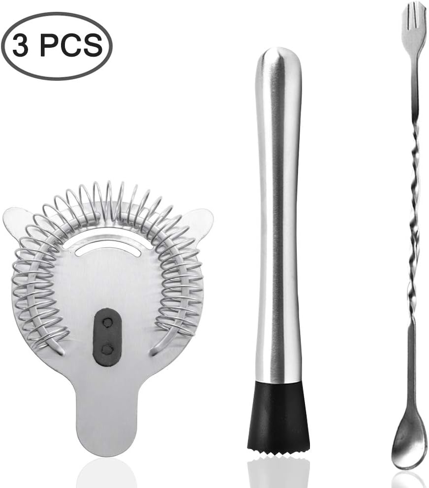 Stainless Steel Cocktail Muddler, Spiral Mixing Spoon & 4-Prong Bar Strainer, Home Bar Bartender's Muddling Tool Set - Set of 3