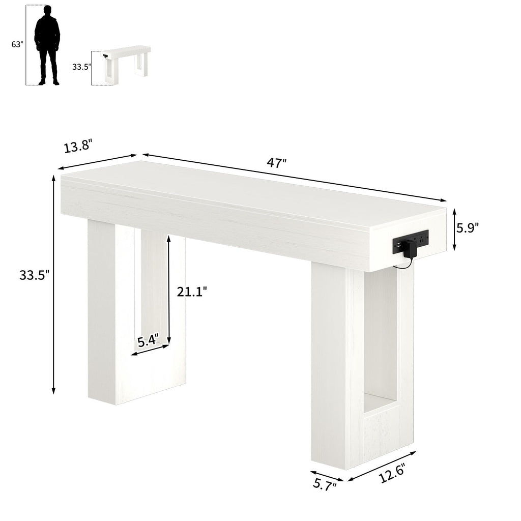 47" Entryway Table with Sensor Light and Outlets, Rustic White