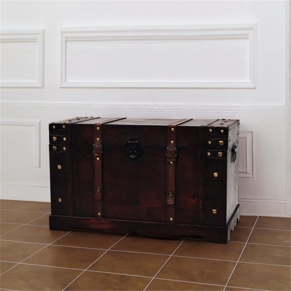 Large Rectangular Wood and Engineered Wood Chest, Antique Brown Finish, 25.98 x 14.96 x 15.7 in, Indoor Living Room