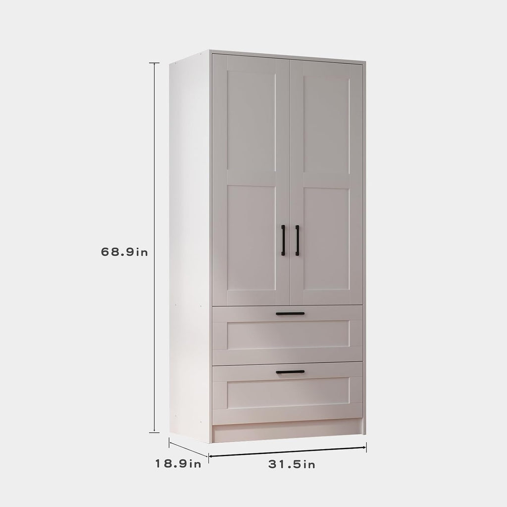 Wood White Wardrobe Closet with 2 Doors and 2 Drawers,Bedroom Freestanding Armoire Storage Cabinet with