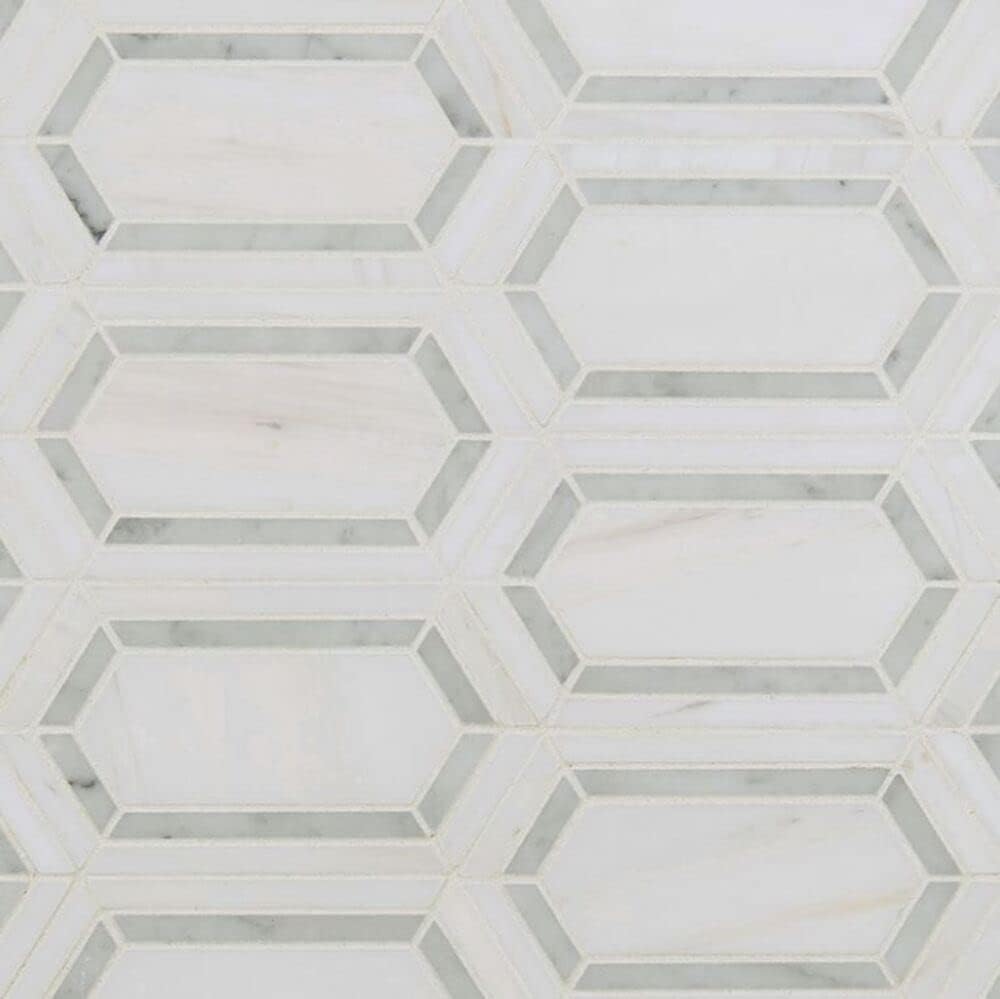 Corinto Bianco Dolomite with Grey Hexagon Picket Pattern Marble Mosaic Floor and Wall Tile Backsplashes, Fireplace