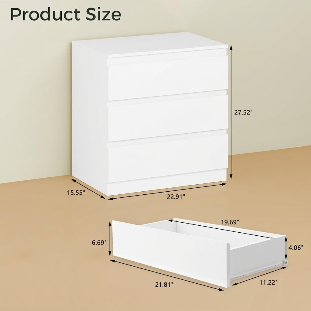 White Dresser with 3 Drawer Wide Wooden Chest