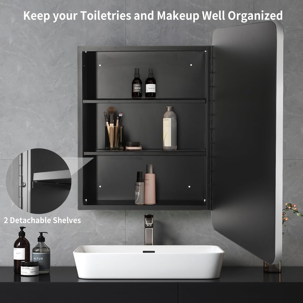 Medicine Cabinet with Mirror, 20 Inch x 31 Inch Metal Framed Bathroom Mirror Medicine Cabinet Rectangle Tilting