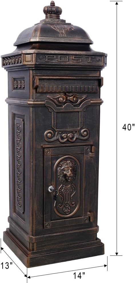 Copper Mailbox, Large Lockable Package Drop Box with Roman Statue, Rustproof Cast Aluminum Mail Boxes Mount Design