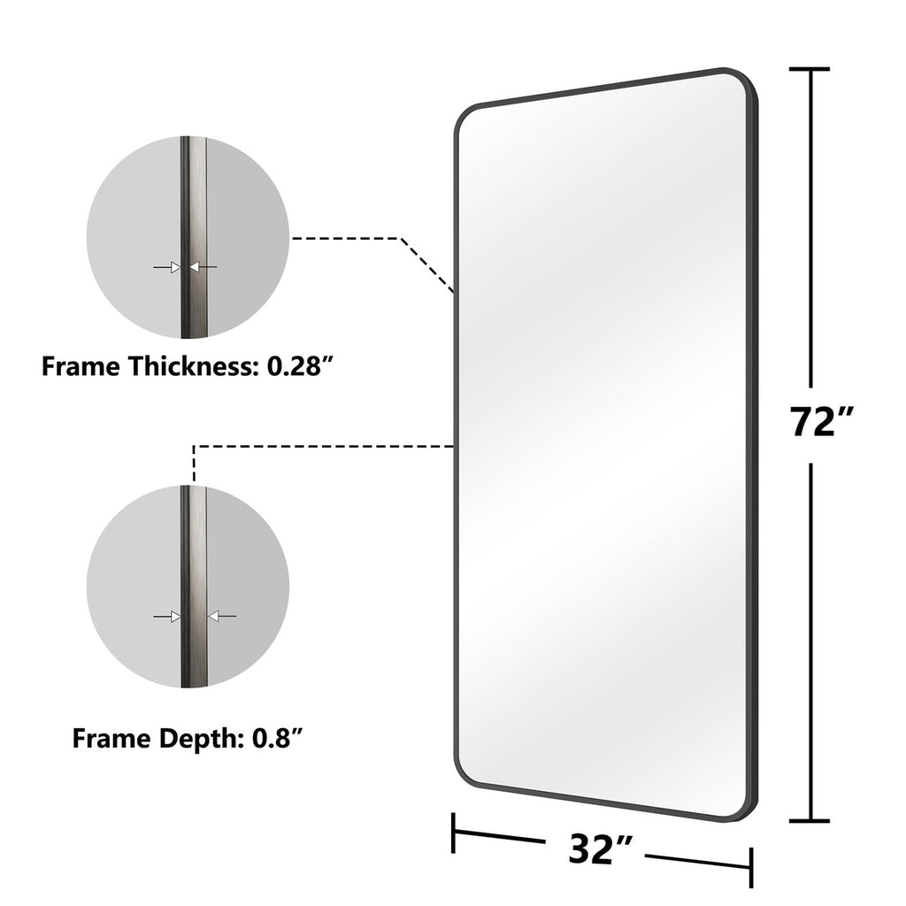 Bathroom Mirror, 32X72 Brushed Black Rectangle Wall Mirror, HD Tempered Glass, Anti-Rust Frame Vanity Mirror, Rounded