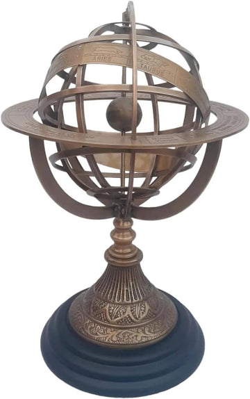 Vintage Brass Armillary Engraved Sphere Wooden Base Armillary, Unique Table Decor 11.25" Height, 5" Armillary Gift