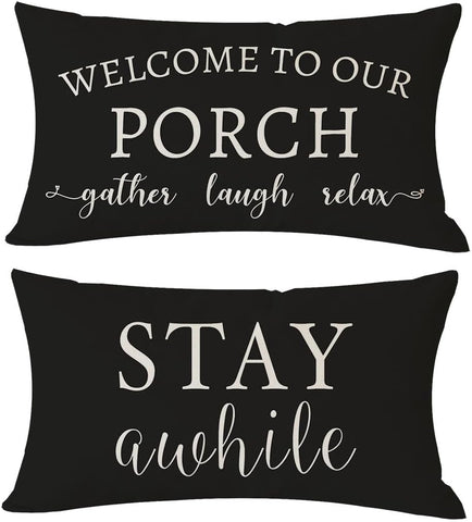 Welcome to Our Porch Stay Awhile Farmhouse Black and White Outdoor Lumbar Decorative Throw Pillow Covers 12x20 Inch