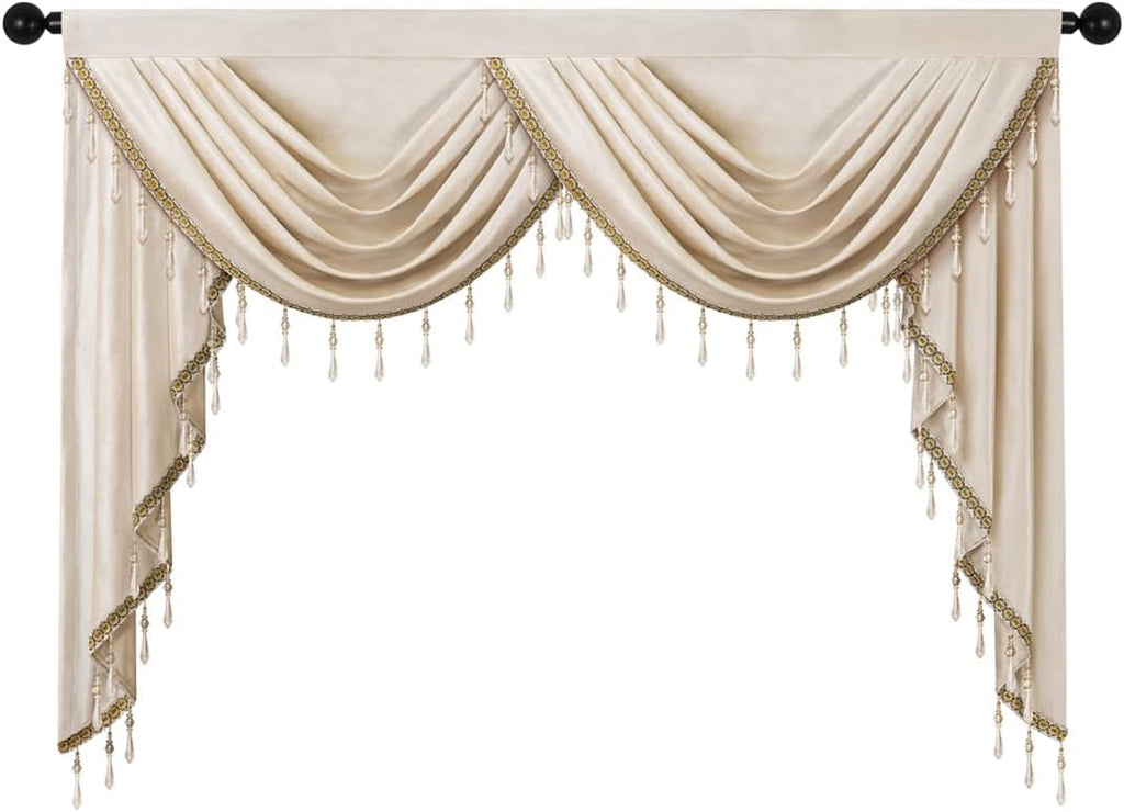 Luxury Cream Velvet Curtain Valances for Living Room with Beads(59inch,1 Panel)