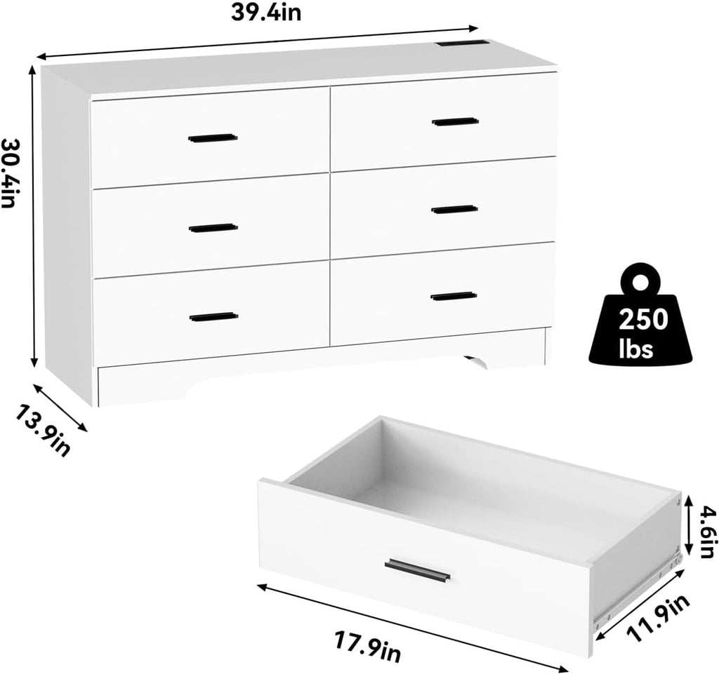 Dresser with Power Outlets Wooden 6 Drawer Dresser with USB and Type C Port Chest of Drawers Tall White Storage