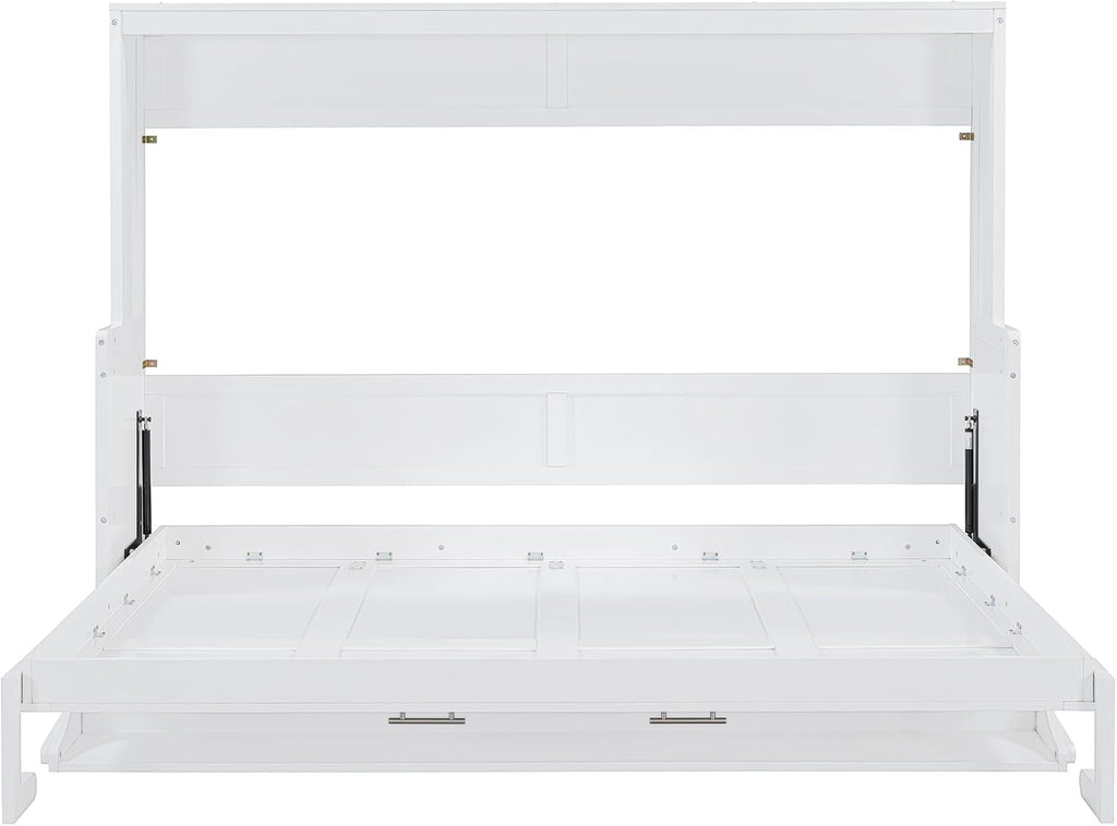 Horizontal Murphy Bed Queen,Hidden Folding Wall Bed Frame with Hydraulic Lift&Desk,Wood Cabinet Platform Bed can be