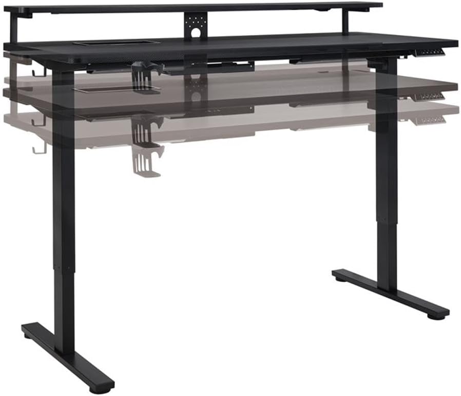 60" Electric Gaming Desk with Hutch, Carbon Fiber Finish, Height Adjustable with Power Lift, Elevated Monitor Shelf