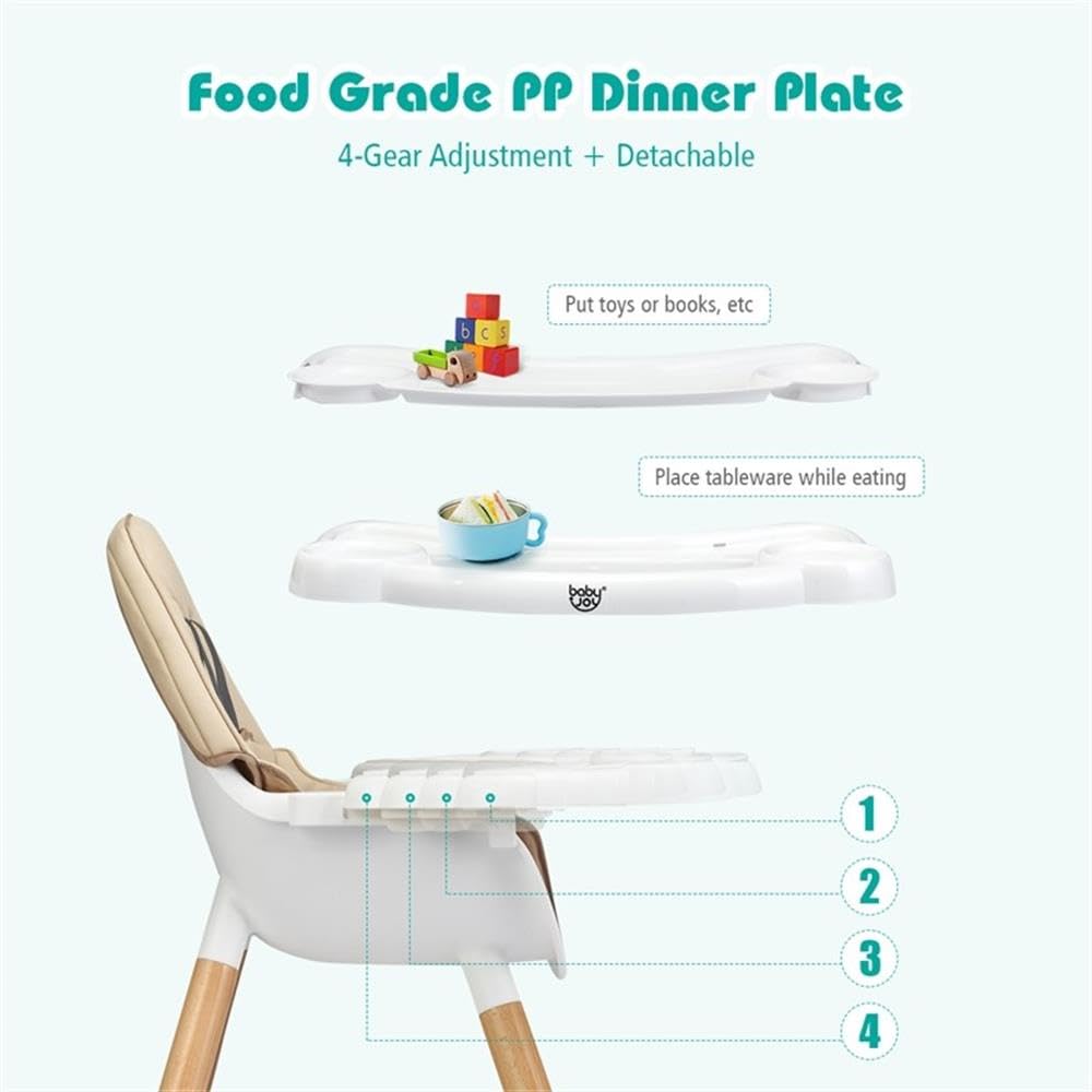 Baby High Chair Infant Convertible Chair 5 Point Seat Belt Khaki